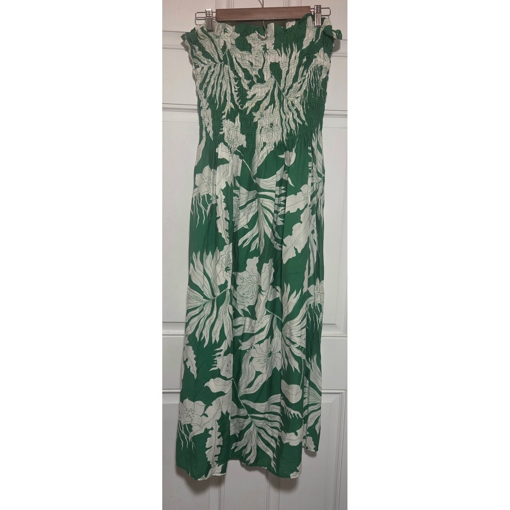HM Green White Tropical Palm Leaf Smocked Strapless Maxi Dress Medium